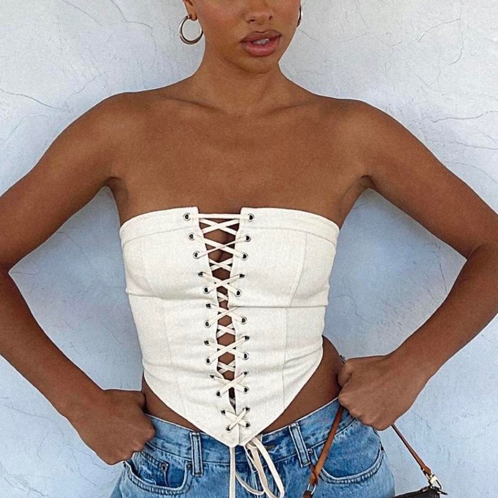 White Fox Cream Lace-Up Corset Top